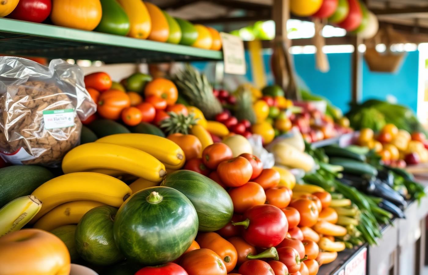 Fresh local fruit and vegetables on a market stall in Belize